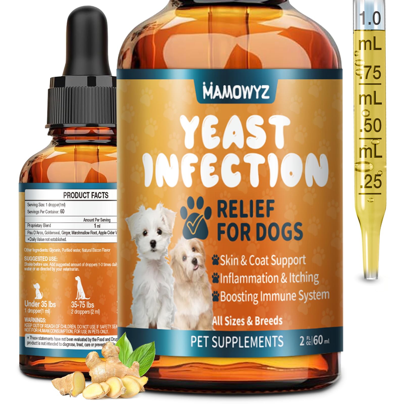 MAMOWYZ yeast drops for dogs bottle pour enables mess-free dosing