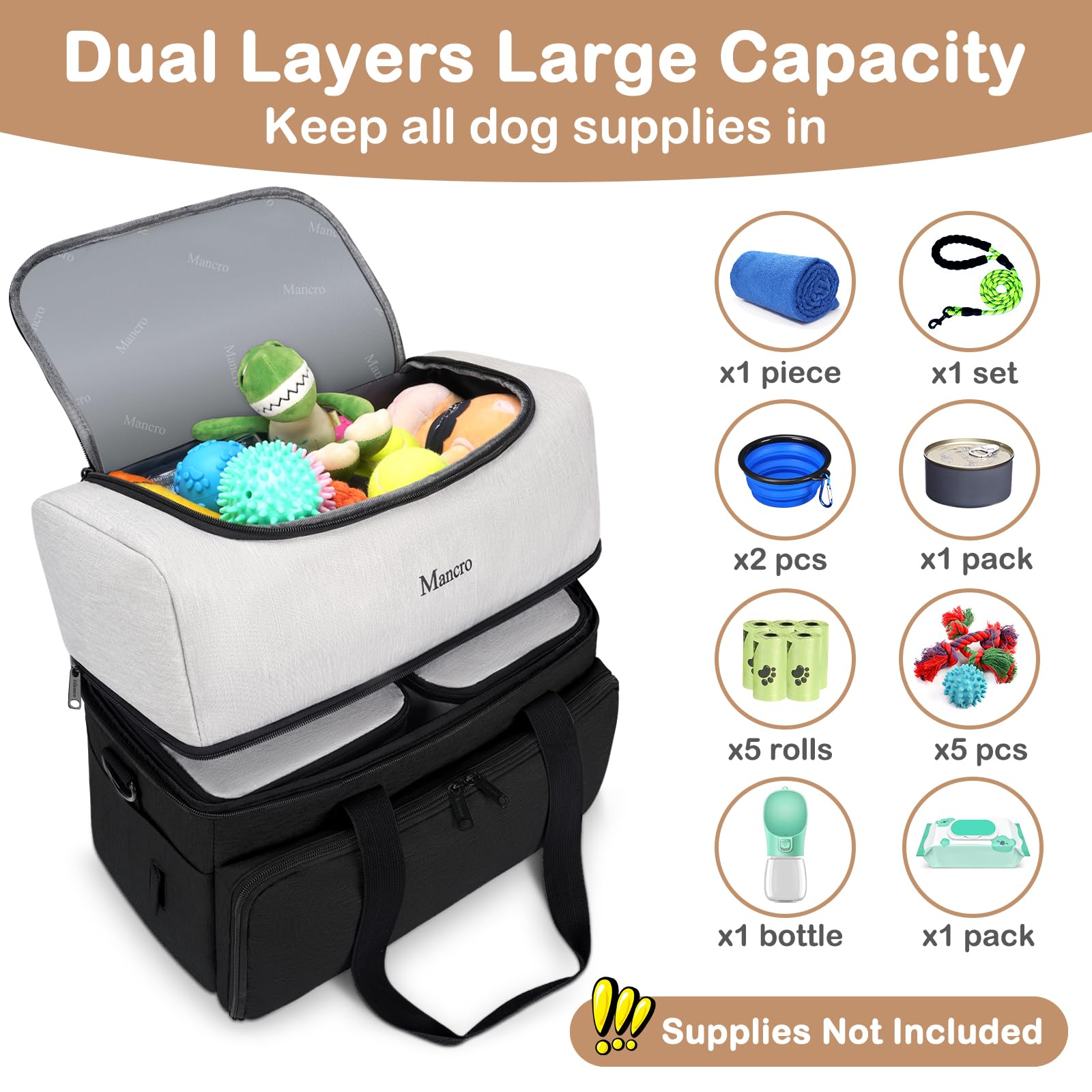 Mancro dual-layers dog travel bag bottom compartment stores extra gear for organized trips.