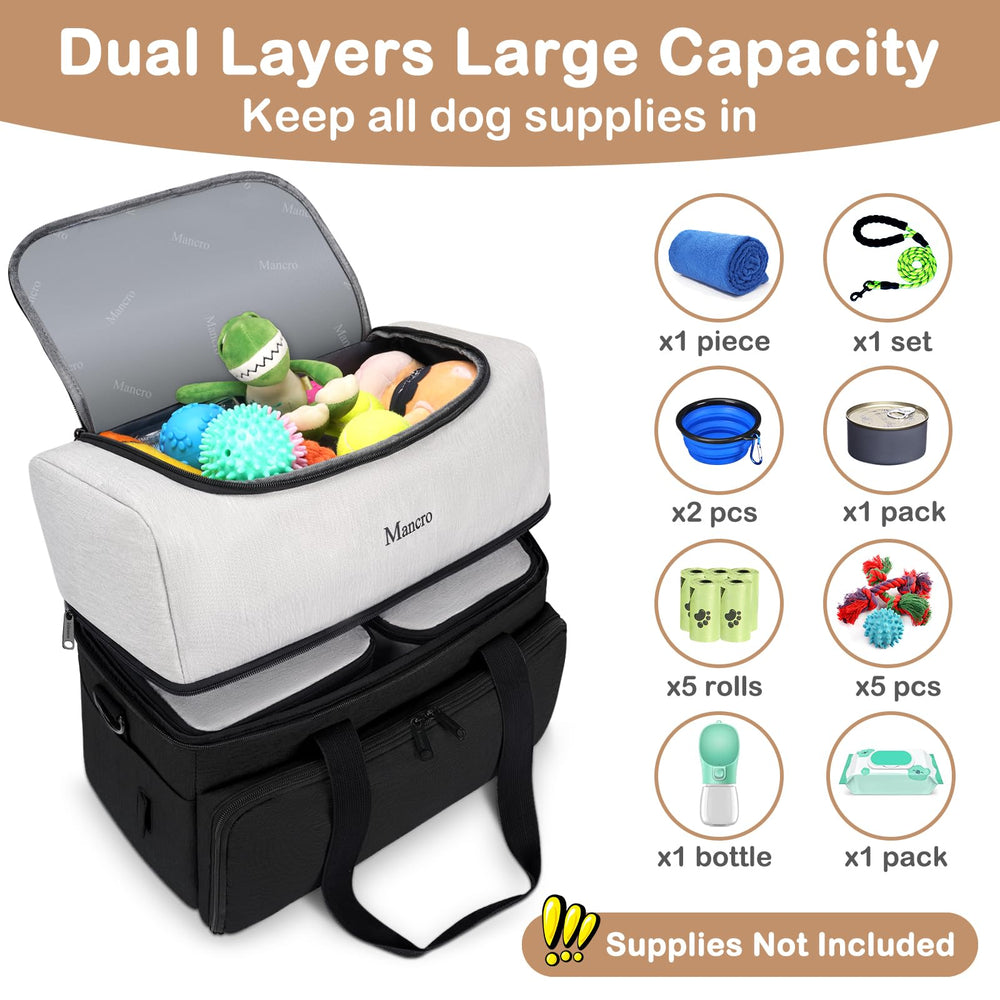 Mancro dual-layers dog travel bag bottom compartment stores extra gear for organized trips.