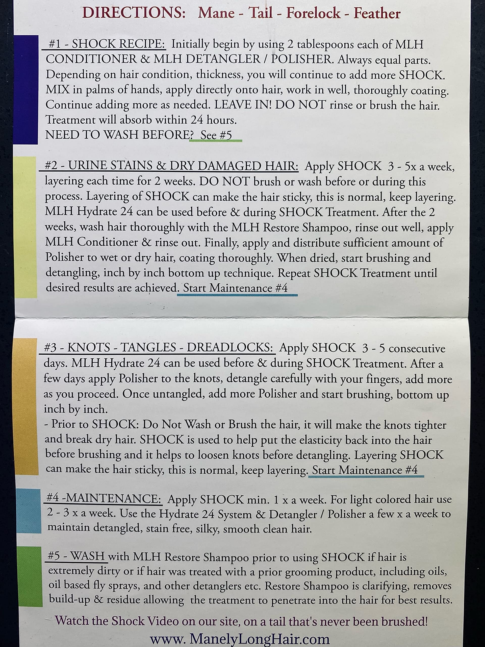 Mane-ly Long Hair SHOCK Treatment instruction insert with usage tips for targeted care.