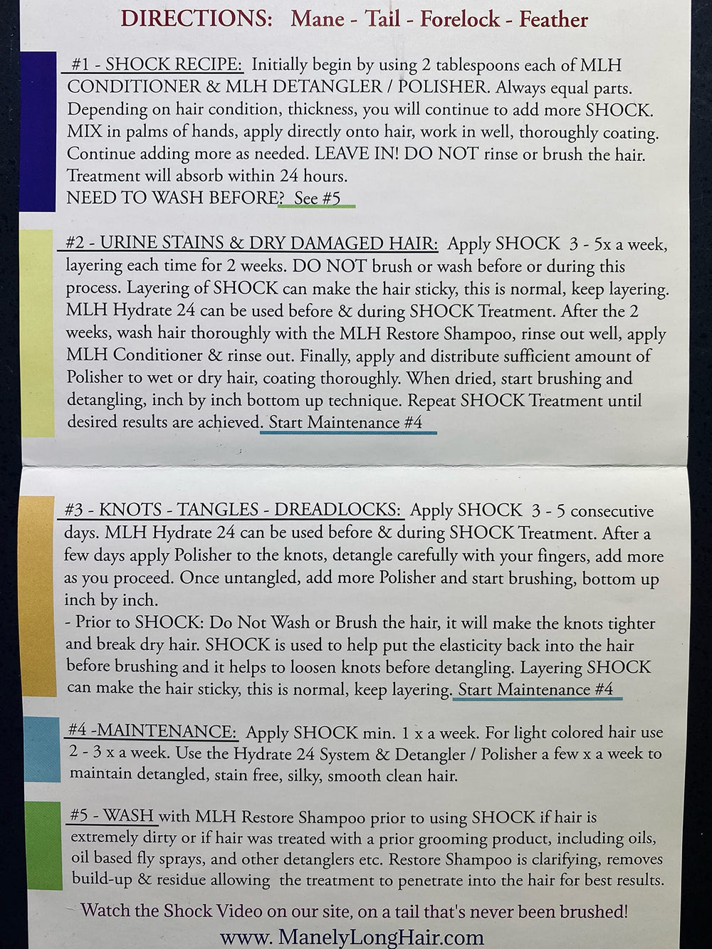Mane-ly Long Hair SHOCK Treatment instruction insert with usage tips for targeted care.
