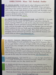 Mane-ly Long Hair SHOCK Treatment instruction insert with usage tips for targeted care.