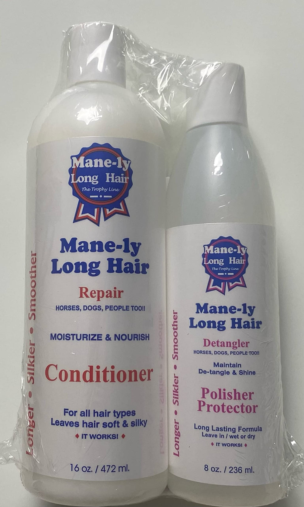 Mane-ly Long Hair Polisher Detangler 8oz bottle eases tangles and improves grooming ease.
