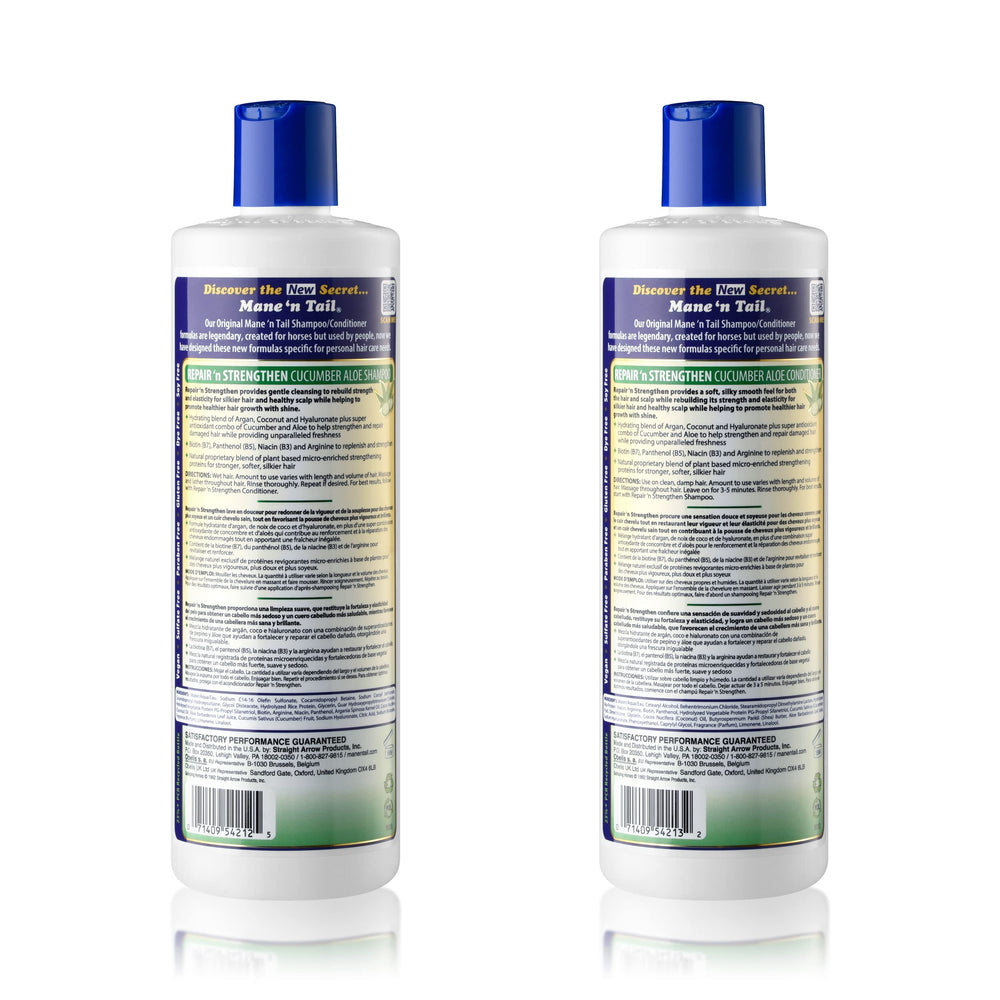 Mane 'n Tail Repair 'n Strengthen conditioner bottle with cucumber aloe for silky detangles.