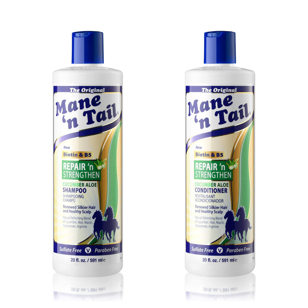 Mane 'n Tail Repair 'n Strengthen shampoo bottle with cucumber aloe, boosting hydration.