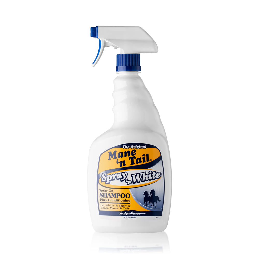 Mane 'n Tail Spray 'n White bottle closeup showing blue toning formula for vibrant color