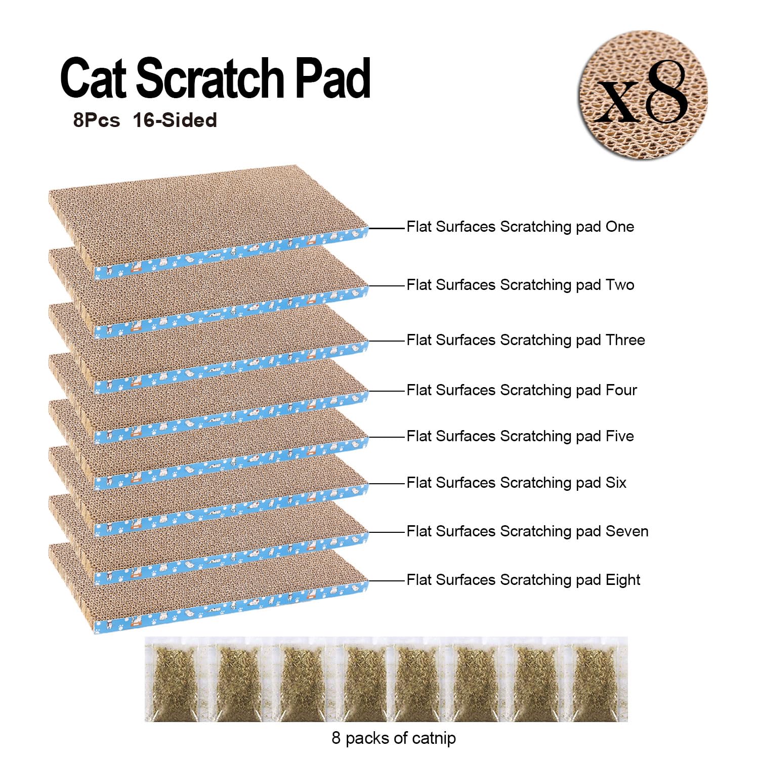 Mankaide eight-pack scratch pad reversible design with two scratching surfaces.