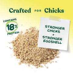 Chick starter grower crumbles with 18% protein in a scoop-ready bag.