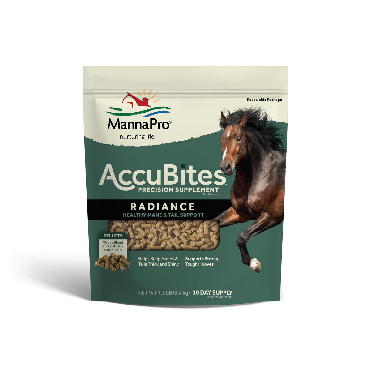 Manna Pro AccuBites Radiance bottle, showing palatable daily supplement for skin and coat support.