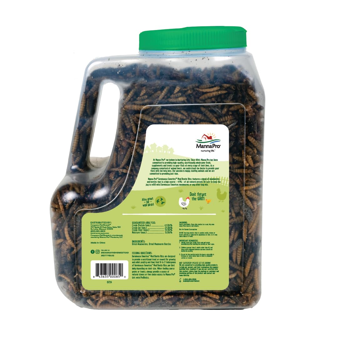 Manna Pro Beetle Bliss ingredients closeup showing mealworms and beetles for nutrition.