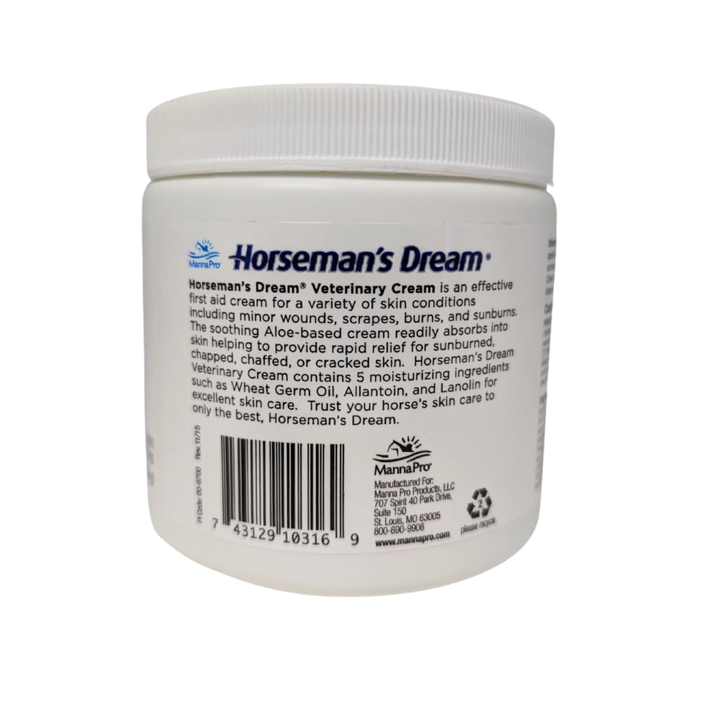 Manna Pro Corona Horsemans Dream label close-up highlighting gentle, fast-absorbing formula for skin relief.