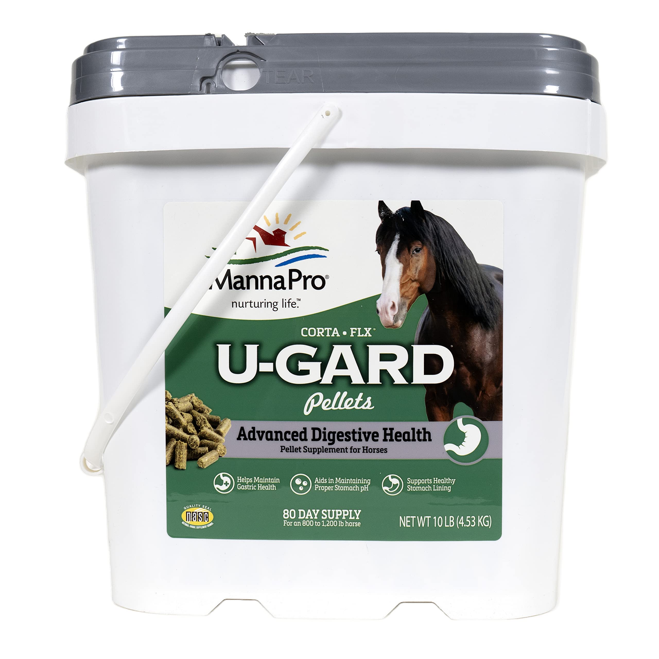 Manna Pro Corta-Flx U-Gard pellets bottle and label; supports easy daily feeding.