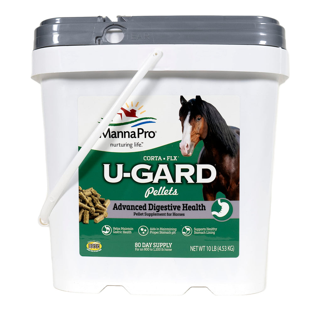 Manna Pro Corta-Flx U-Gard pellets bottle and label; supports easy daily feeding.