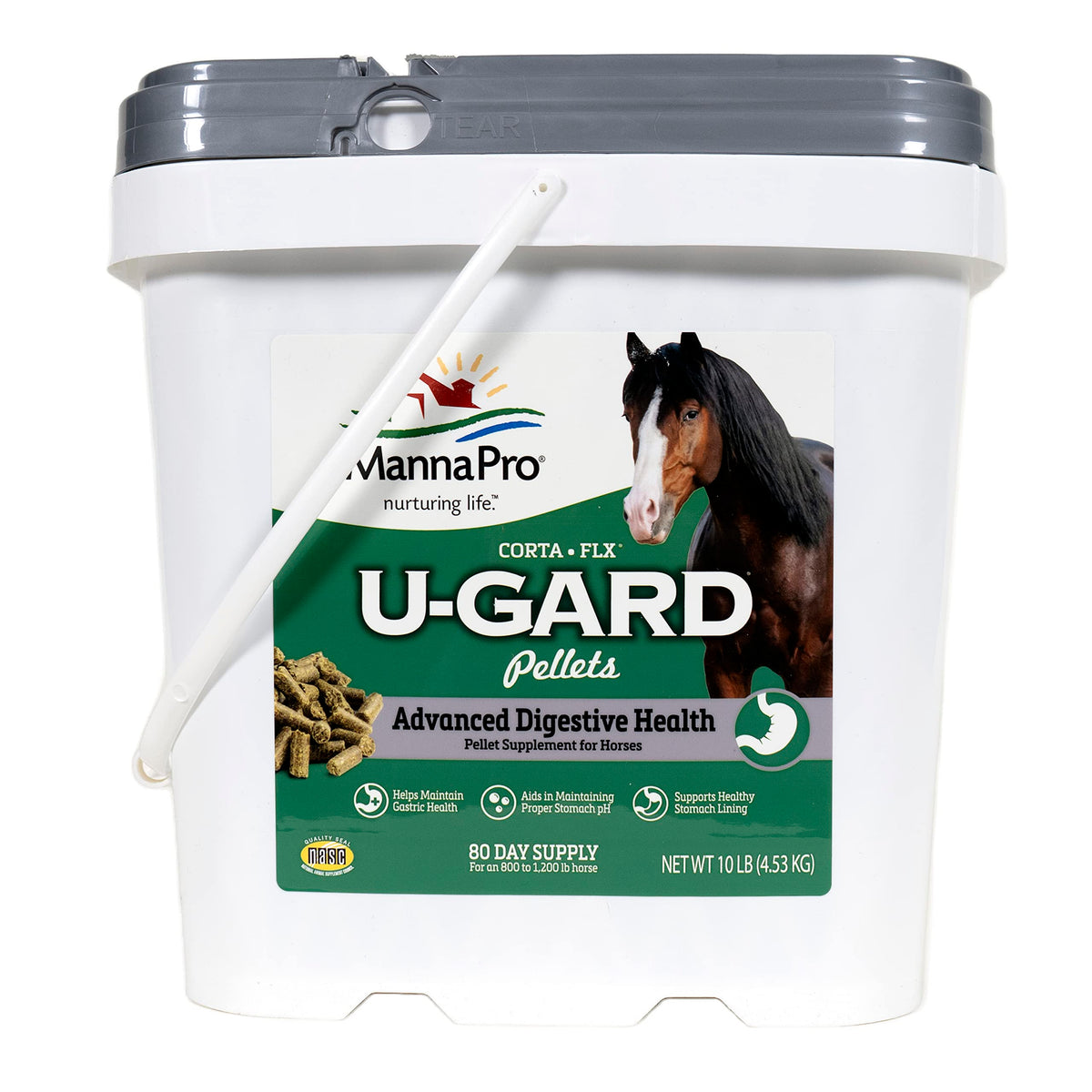 Manna Pro Corta-Flx U-Gard pellets bottle and label; supports easy daily feeding.