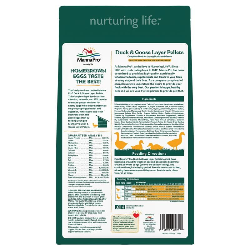Manna Pro Duck Layer Pellet bag highlights non-medicated formula