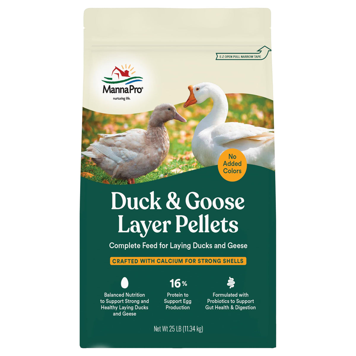 Manna Pro Duck Layer Pellet bag closeup showing non-antibiotic nutrition for eggs