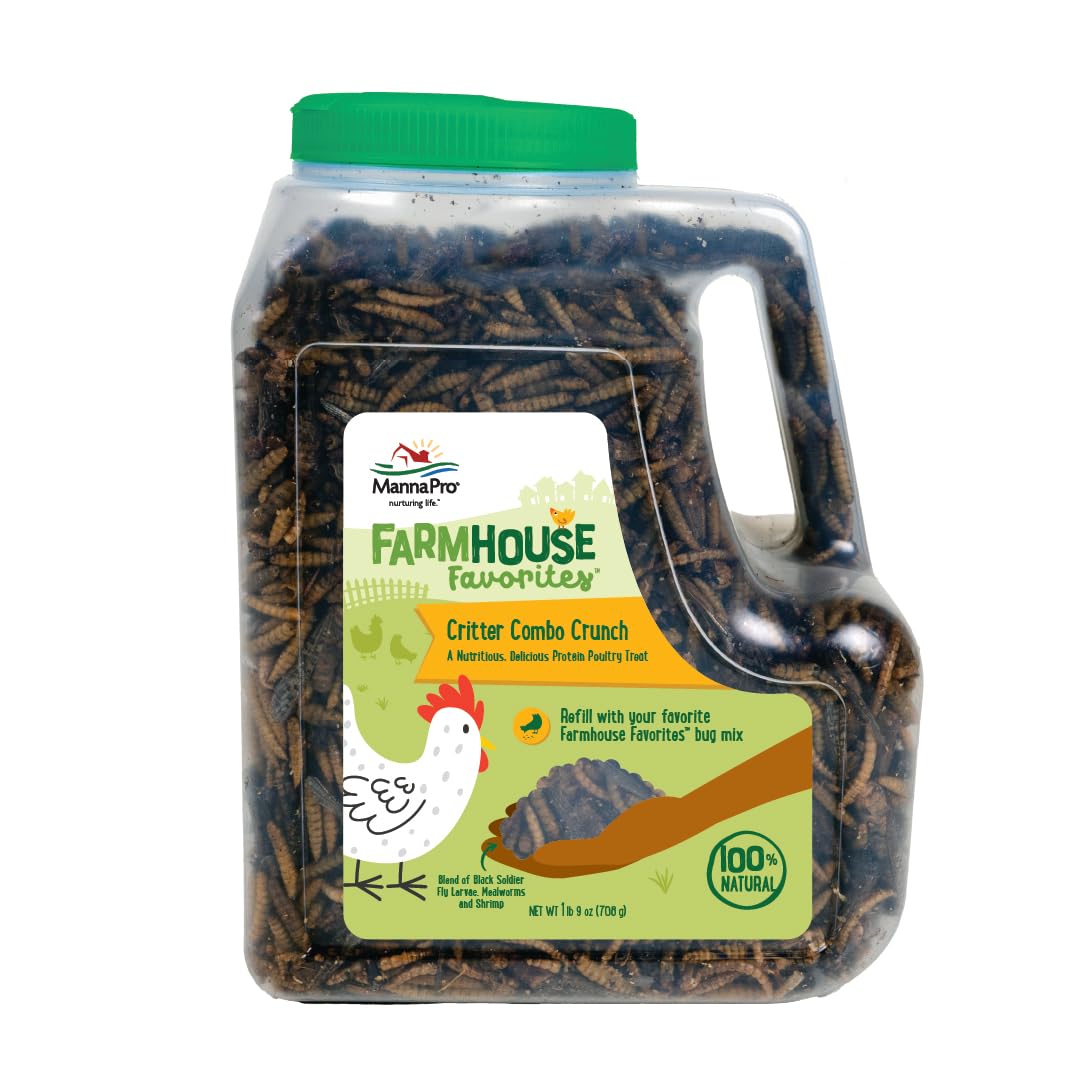 Manna Pro Farmhouse Favorites Critter Combo Crunch Bug Jug package front shows high-protein poultry treat