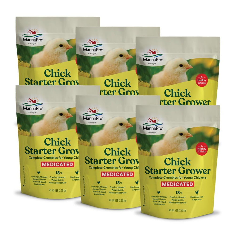 Manna Pro medicated chick starter crumbles in bag for easy feeding and growth support.