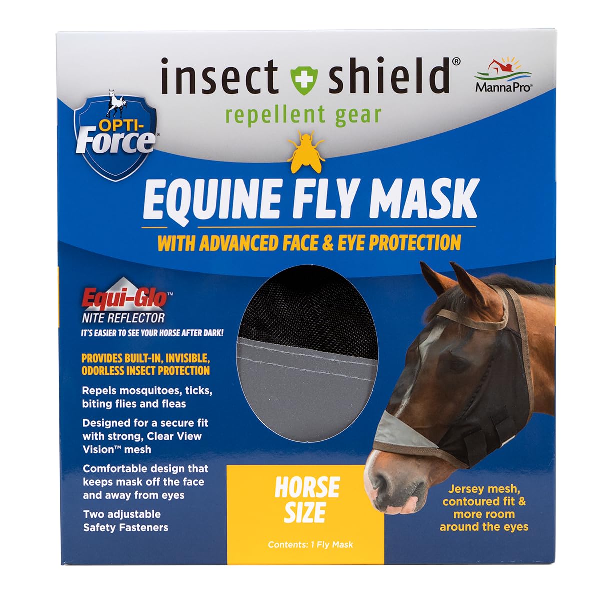 Manna Pro Opti-Force horse fly mask close-up showing protective mesh for summer turnout