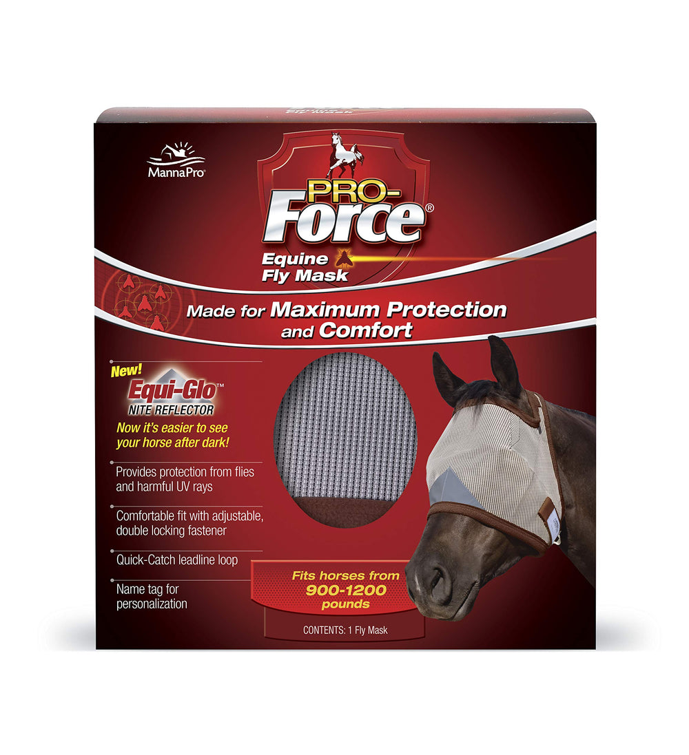 Manna Pro Pro-Force Equine Fly Mask front view, no ears, for comfortable fly protection.