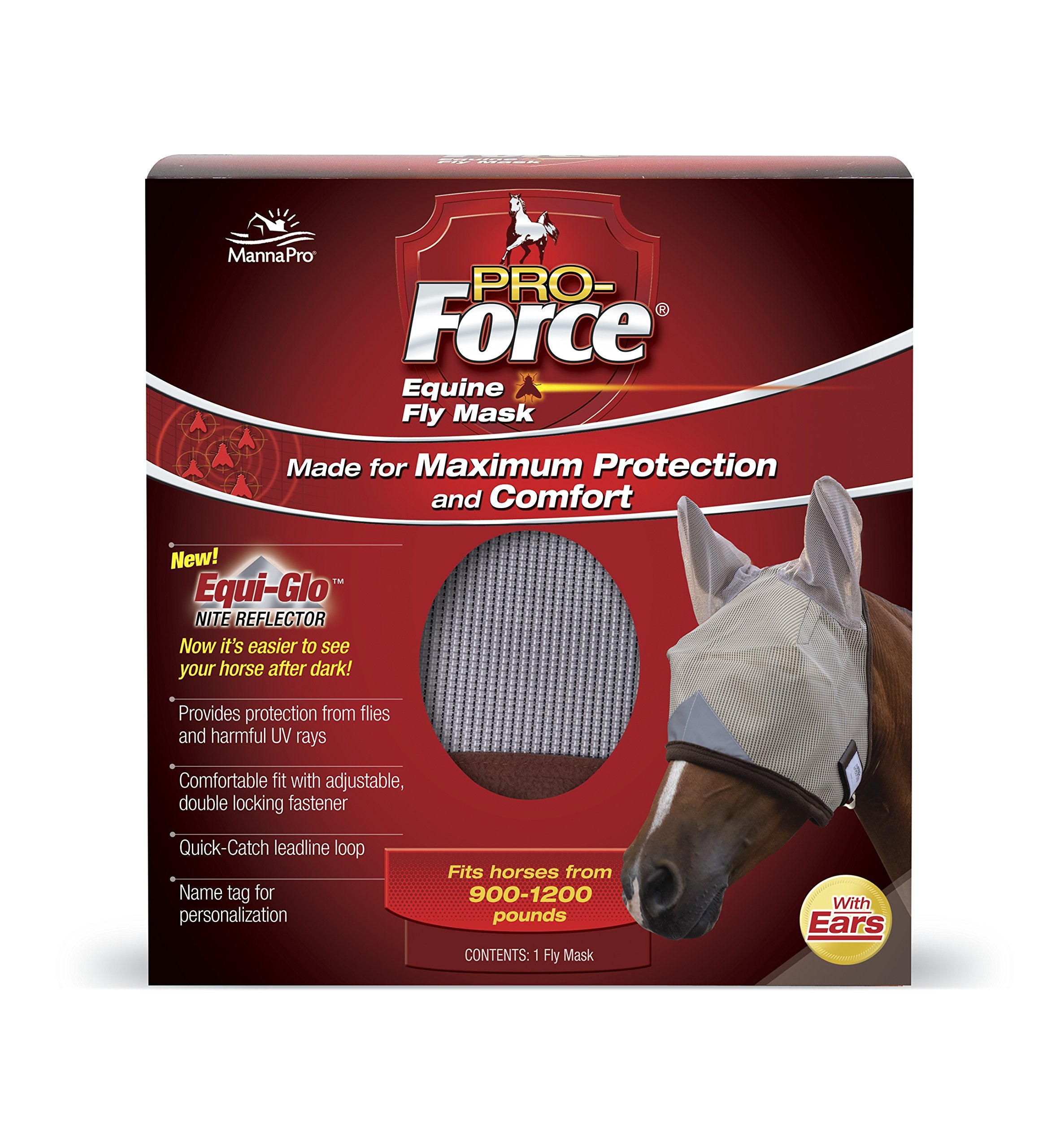 Manna Pro Pro-Force Fly Mask with Ears on clear-view mesh for unobstructed grazing.