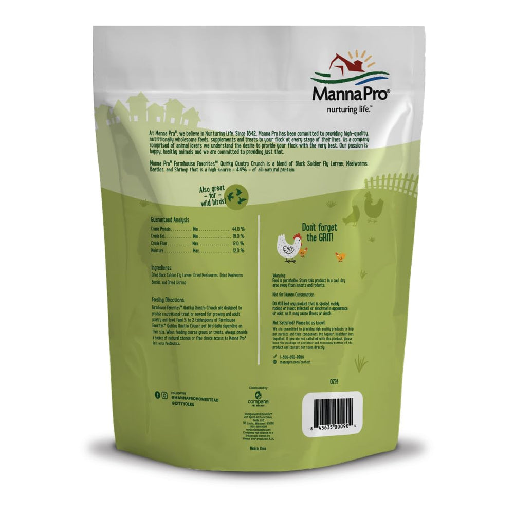 Manna Pro Quirky Quatro Crunch served to a flock during daily feeding.