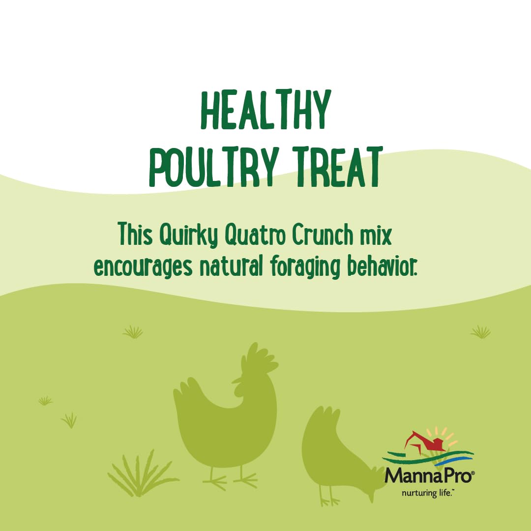 Manna Pro Quirky Quatro Crunch promotes active foraging in mixed flocks.
