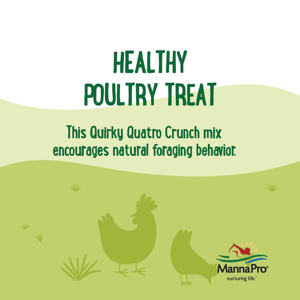 Manna Pro Quirky Quatro Crunch promotes active foraging in mixed flocks.