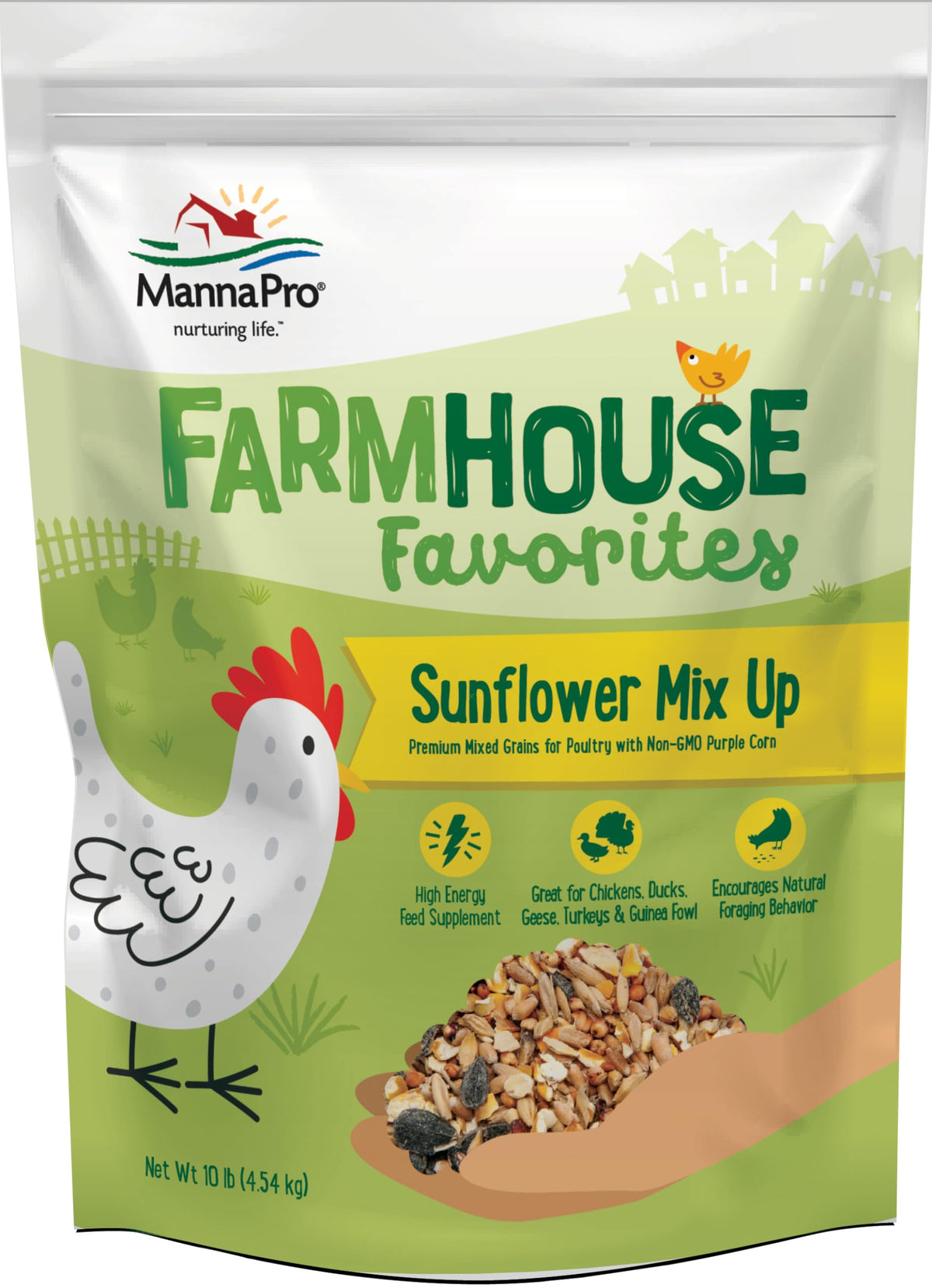 Manna Pro Sunflower Mix Up bag front shows premium blend for healthy backyard poultry.