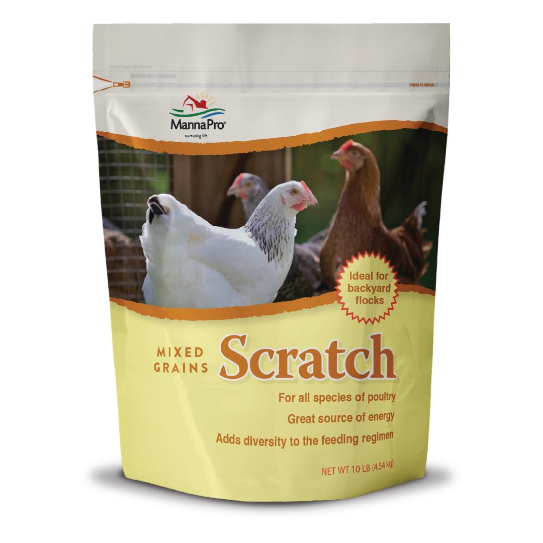 Manna Pro Ultimate Chicken Scratch Feed bag showing multigrain blend for backyard flocks.
