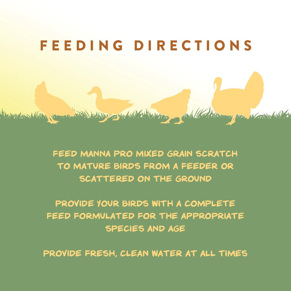 Manna Pro scratch grains encourage foraging and activity in chickens.