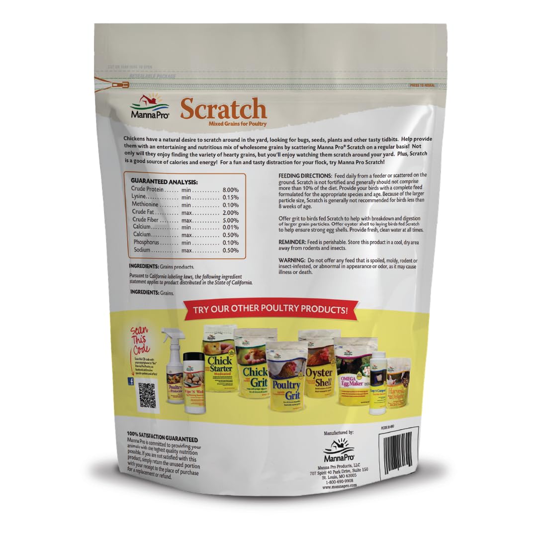 Scattered Manna Pro scratch grains offer an easy energy boost for birds.