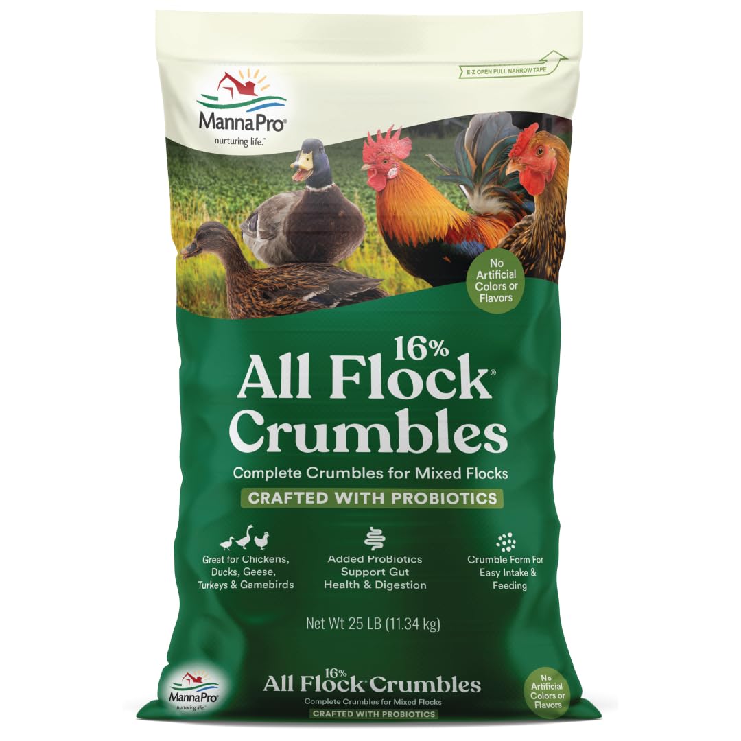 Manna Pro All Flock Crumbles bag front view, complete nutrition.