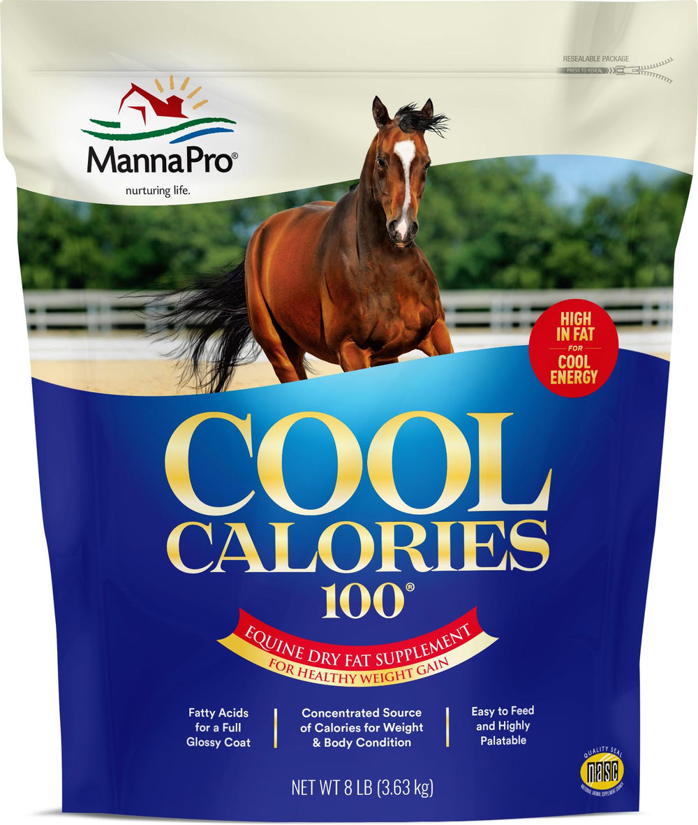 Manna Pro Cool Calories 100 bag with powder, supports weight gain and easy feeding.