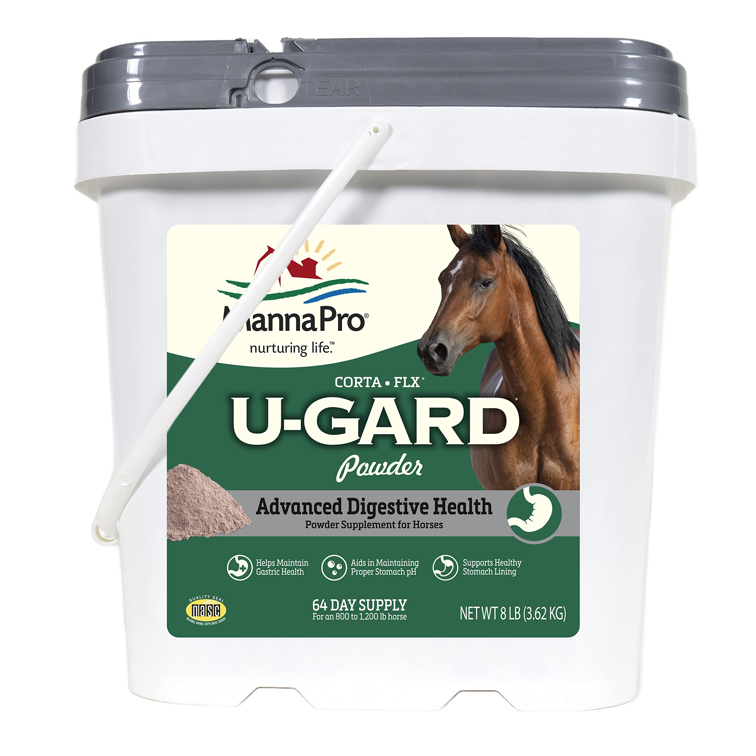 Manna Pro Corta-FLX U-Gard powder bottle shown for reliable gastric health support.