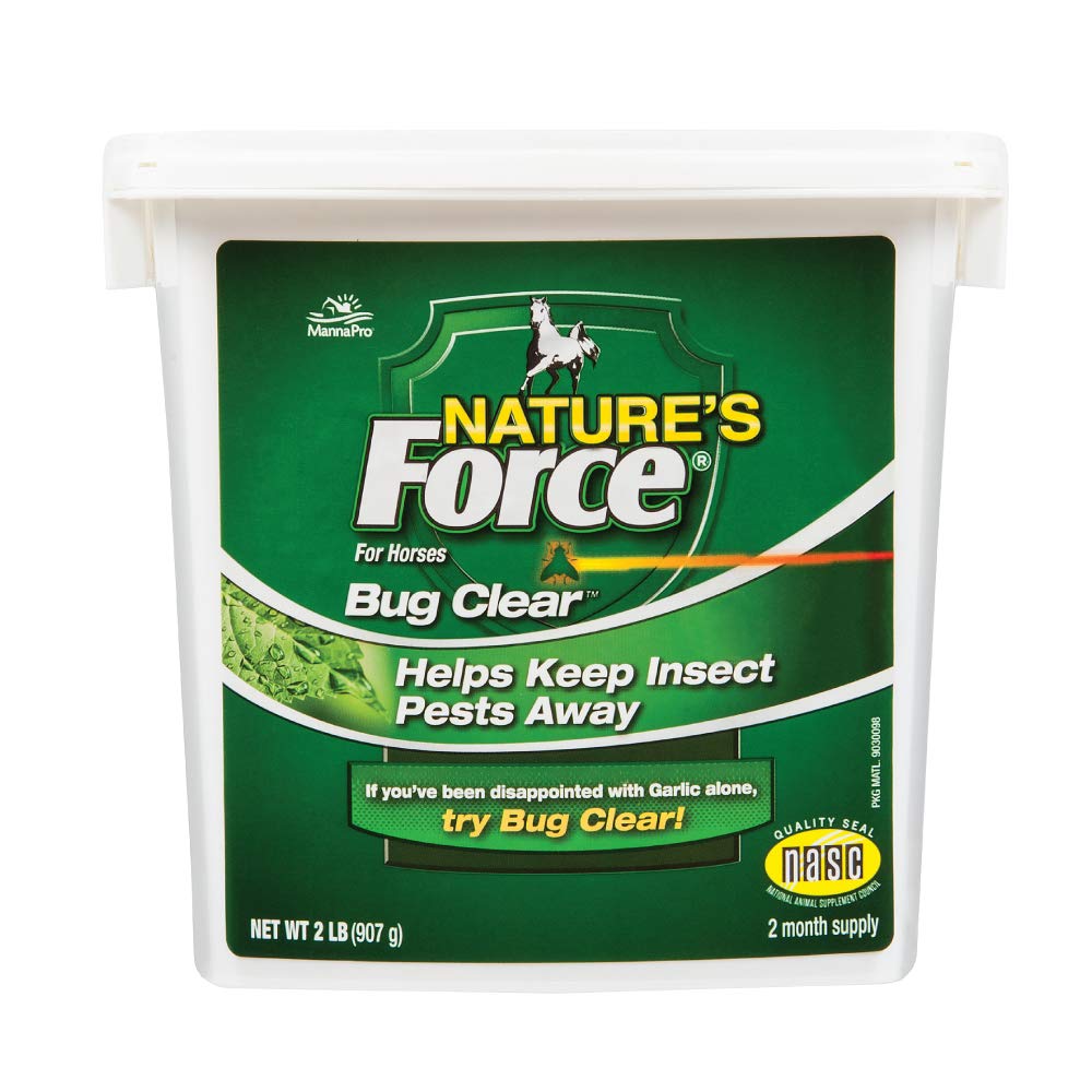 Manna Pro Nature’s Force Bug Clear powder bucket for consistent insect defense.