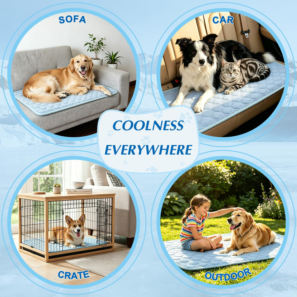 Mannice cooling mat outdoors on patio keeps pets comfortable.
