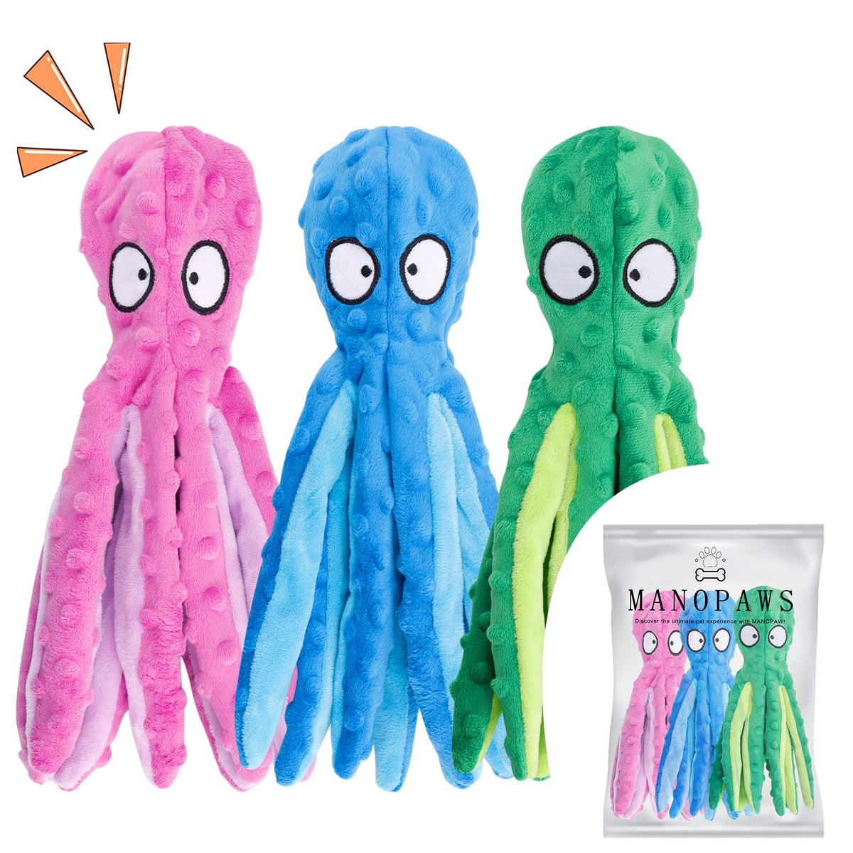 MANOPAWS 3-pack octopus dog toys in color mix for interactive play and durability.