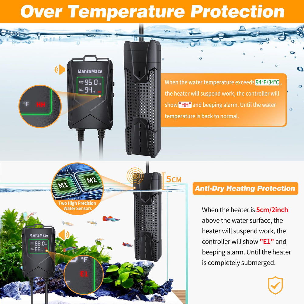 MantaMaze heater showing automatic shutoff when water is too warm.