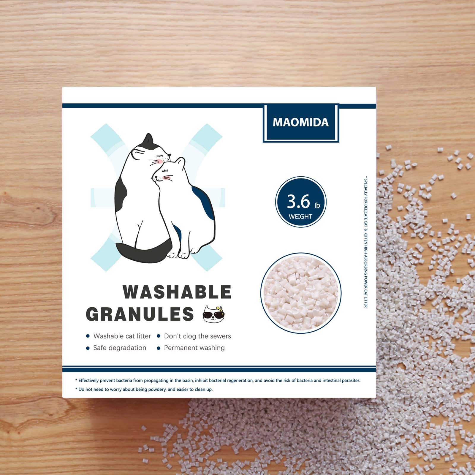 Maomida granules compatible with Cat Genie refills shown beside a tidy litter station