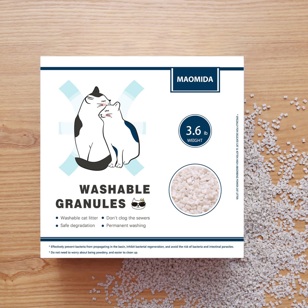 Maomida granules compatible with Cat Genie refills shown beside a tidy litter station