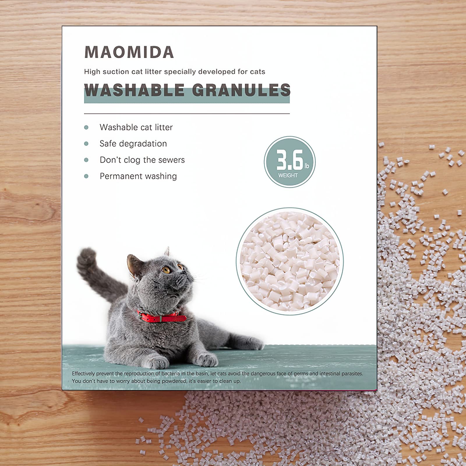 MAOMIDA granules dissolving in water indicate septic-safe, complete dissolution.