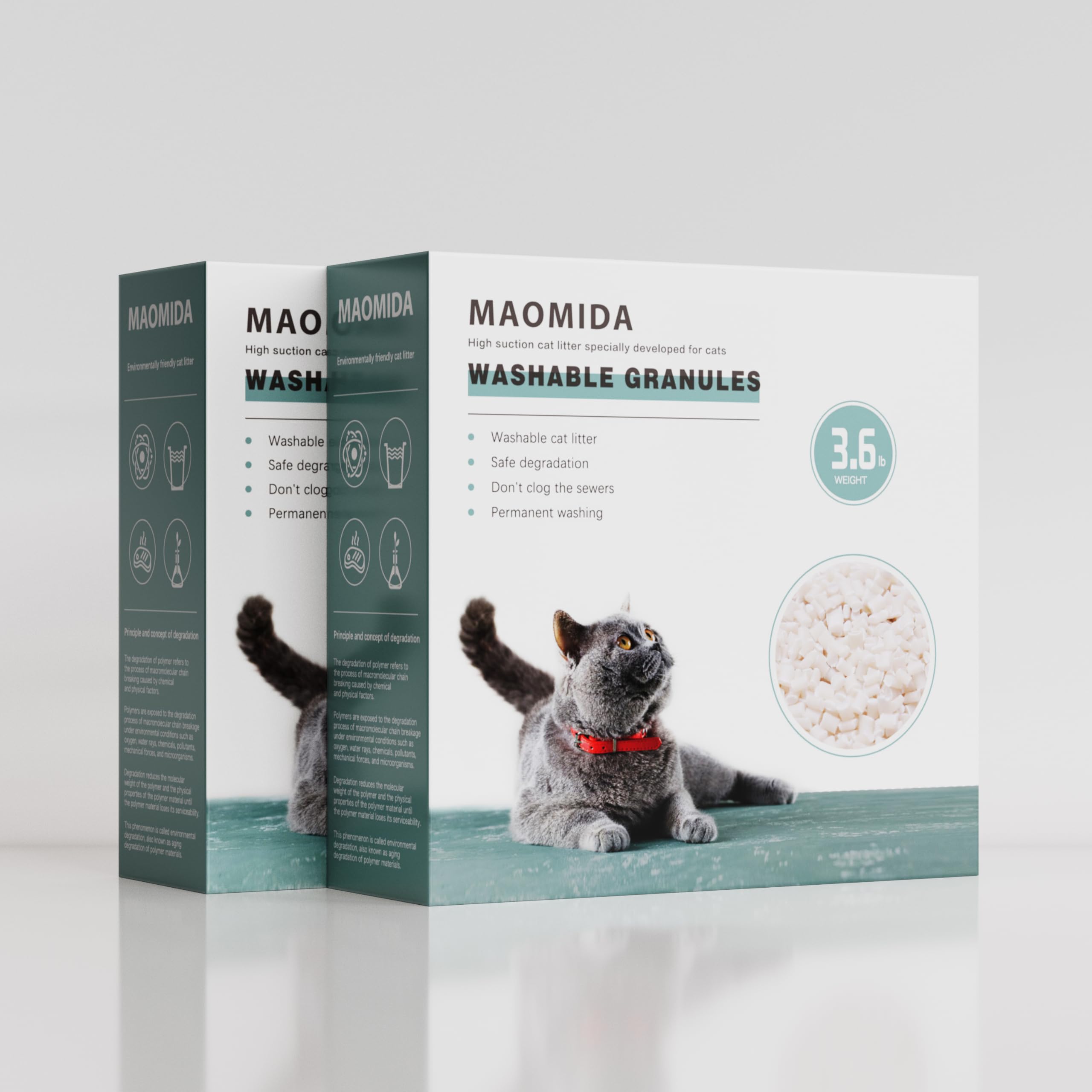 MAOMIDA granules labeled compostable and zero-dust for cleaner homes.