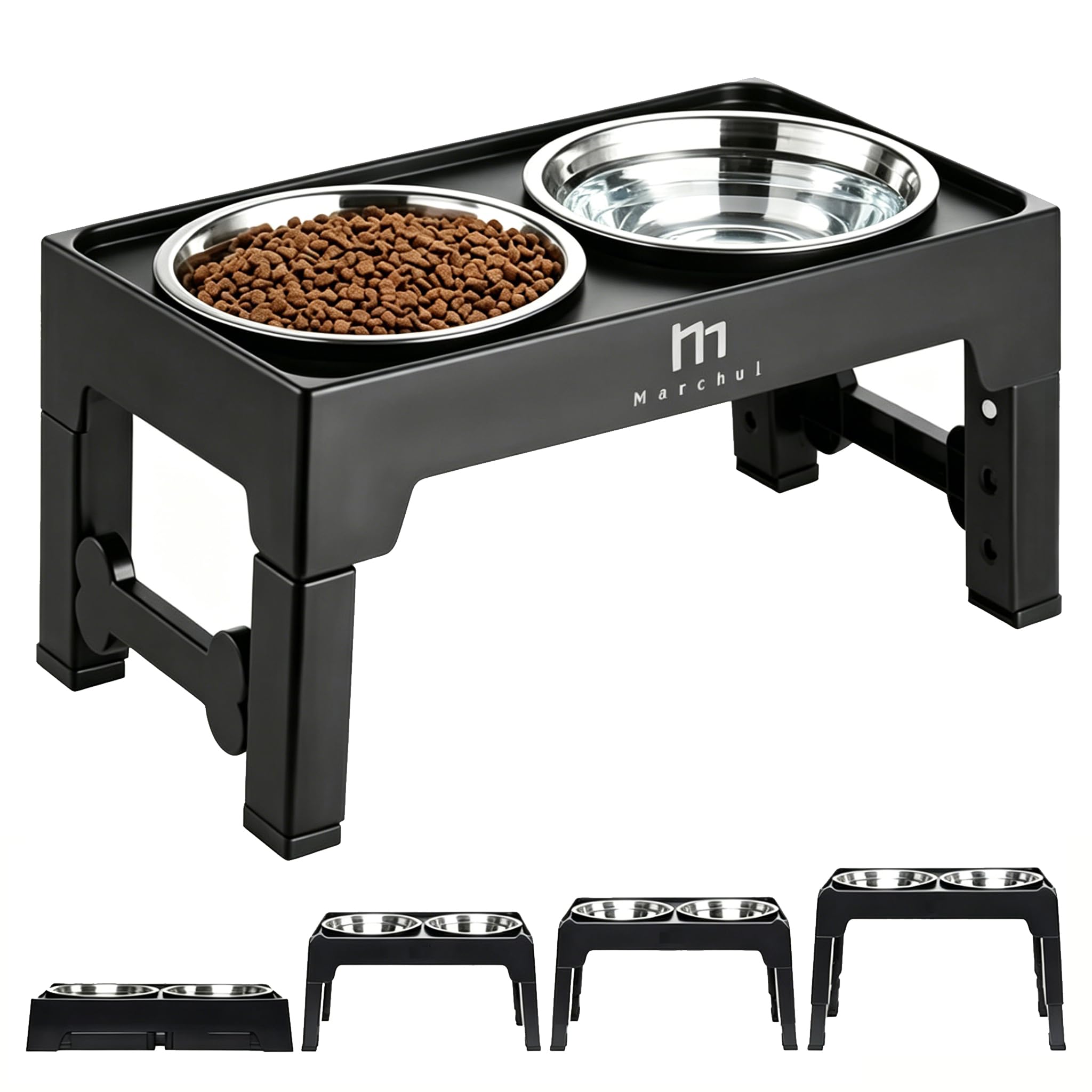 Marchul elevated dog bowls assembly showing adjustable height setup for comfy feeding