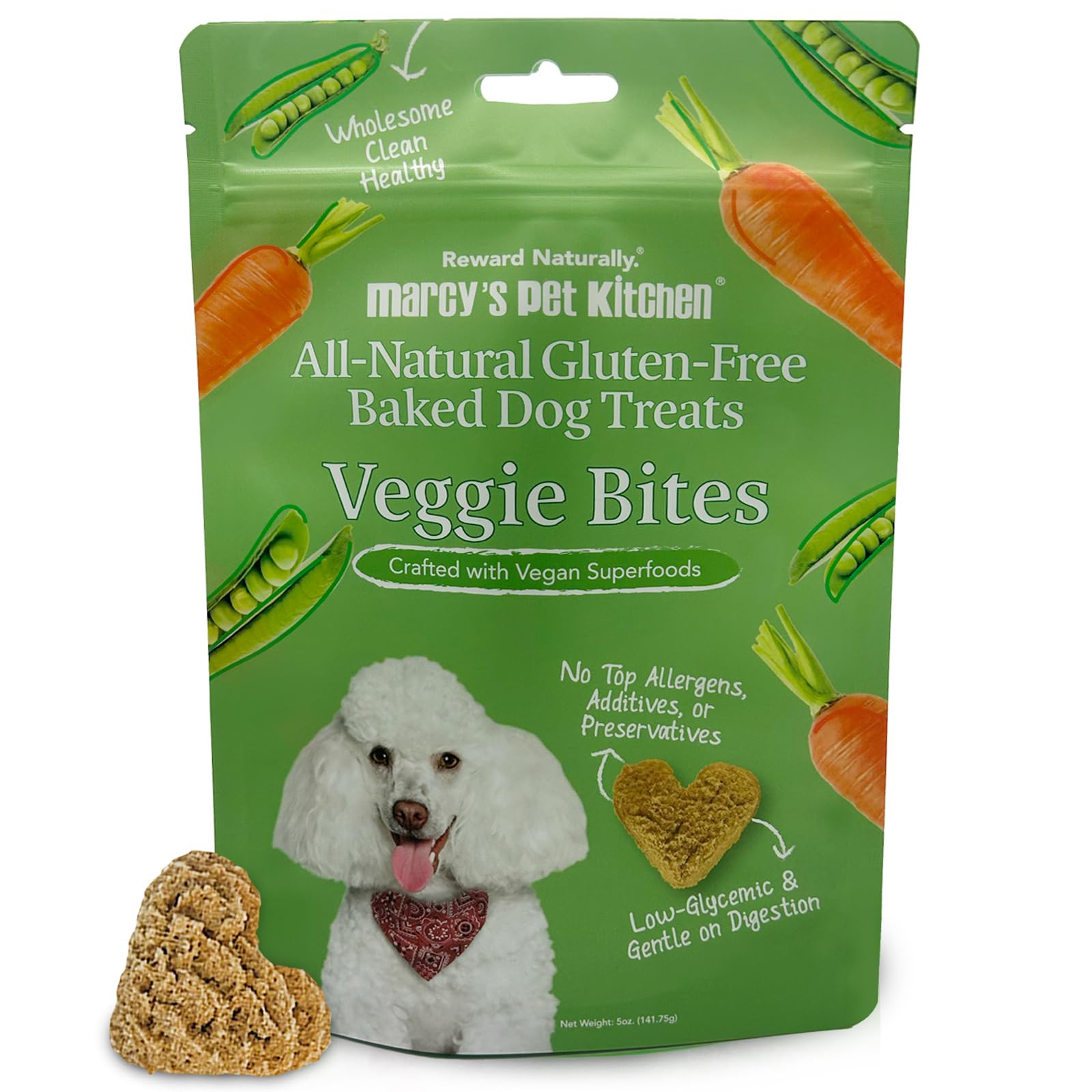Marcy's Pet Kitchen Diabetic Dog Treats packaging highlights clean ingredients for sensitive stomachs