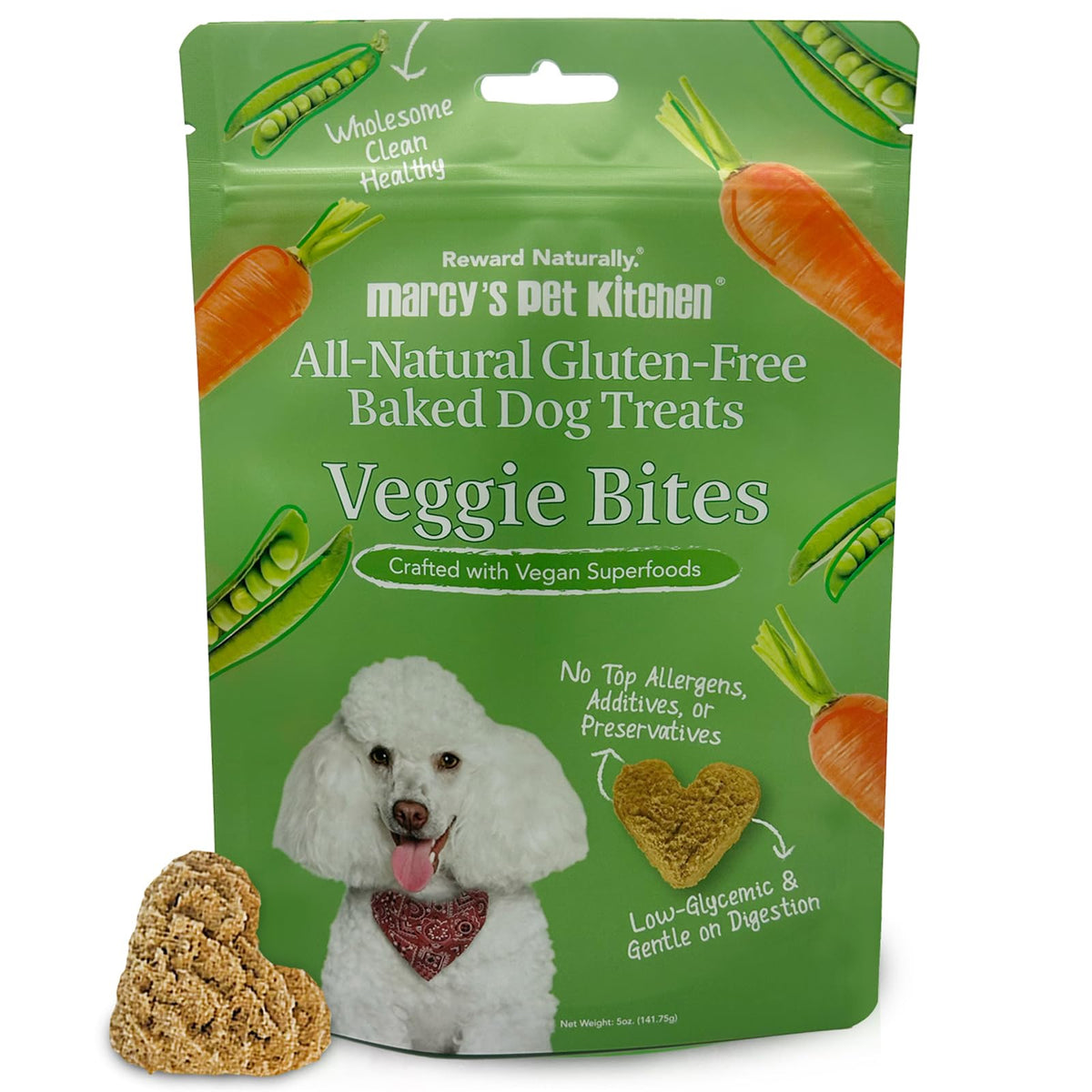 Marcy's Pet Kitchen Diabetic Dog Treats packaging highlights clean ingredients for sensitive stomachs
