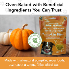 Heart-shaped pumpkin biscuits from Marcy's Pet Kitchen, natural ingredients.