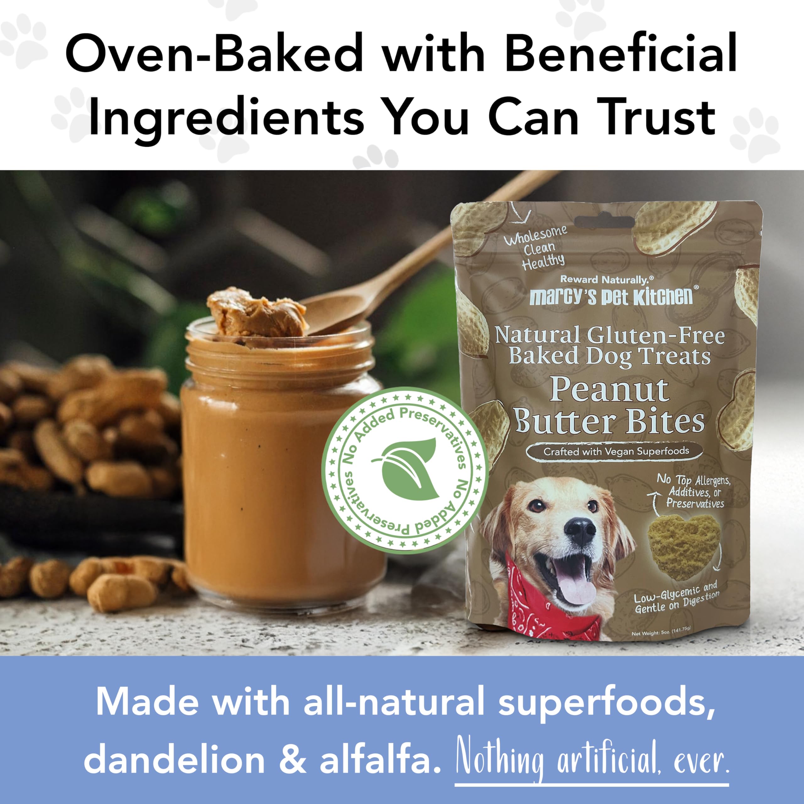 Marcy's Pet Kitchen human-grade dog treat packaging close-up, premium quality.
