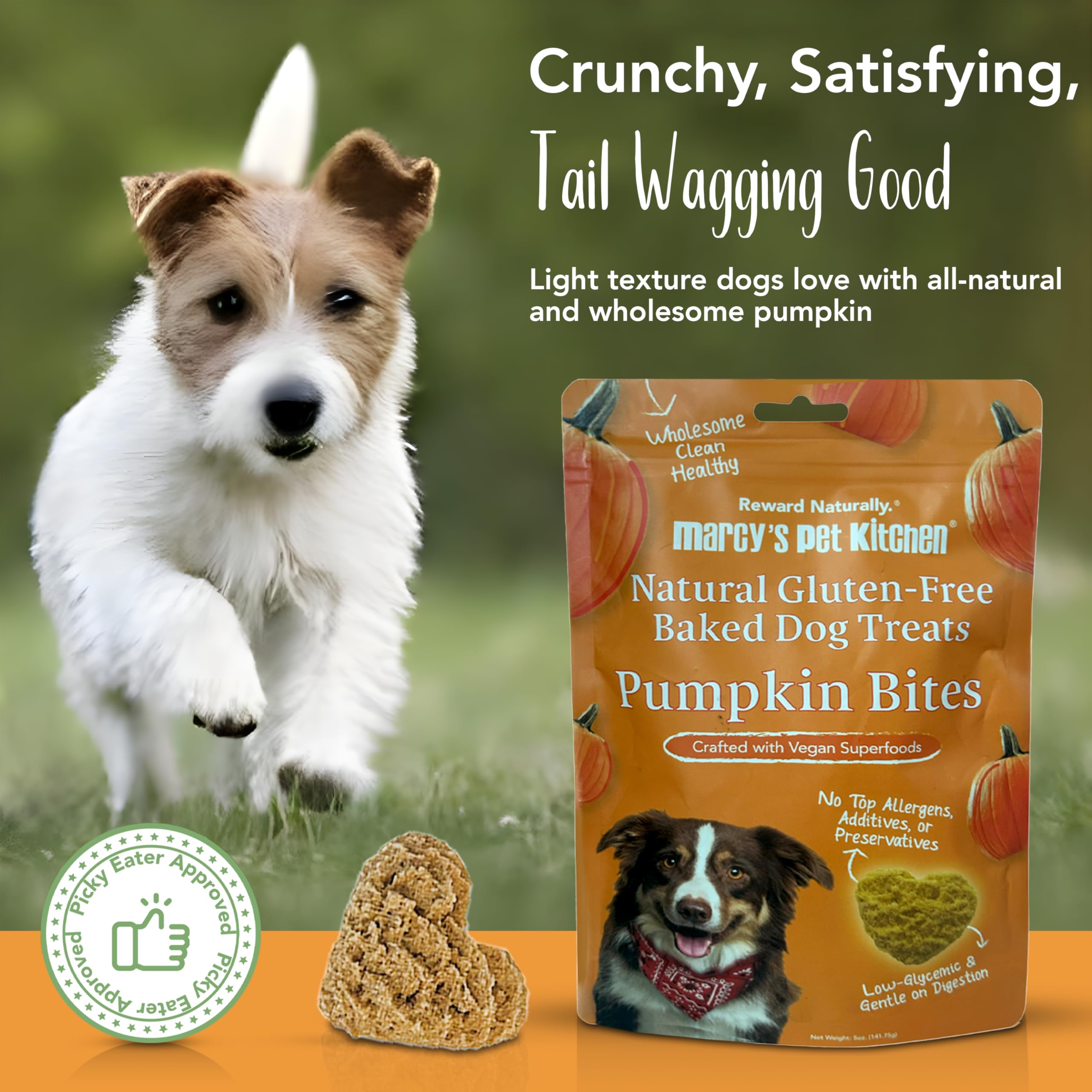 Soft baked crunch in a pumpkin-based snack from Marcy's Pet Kitchen.