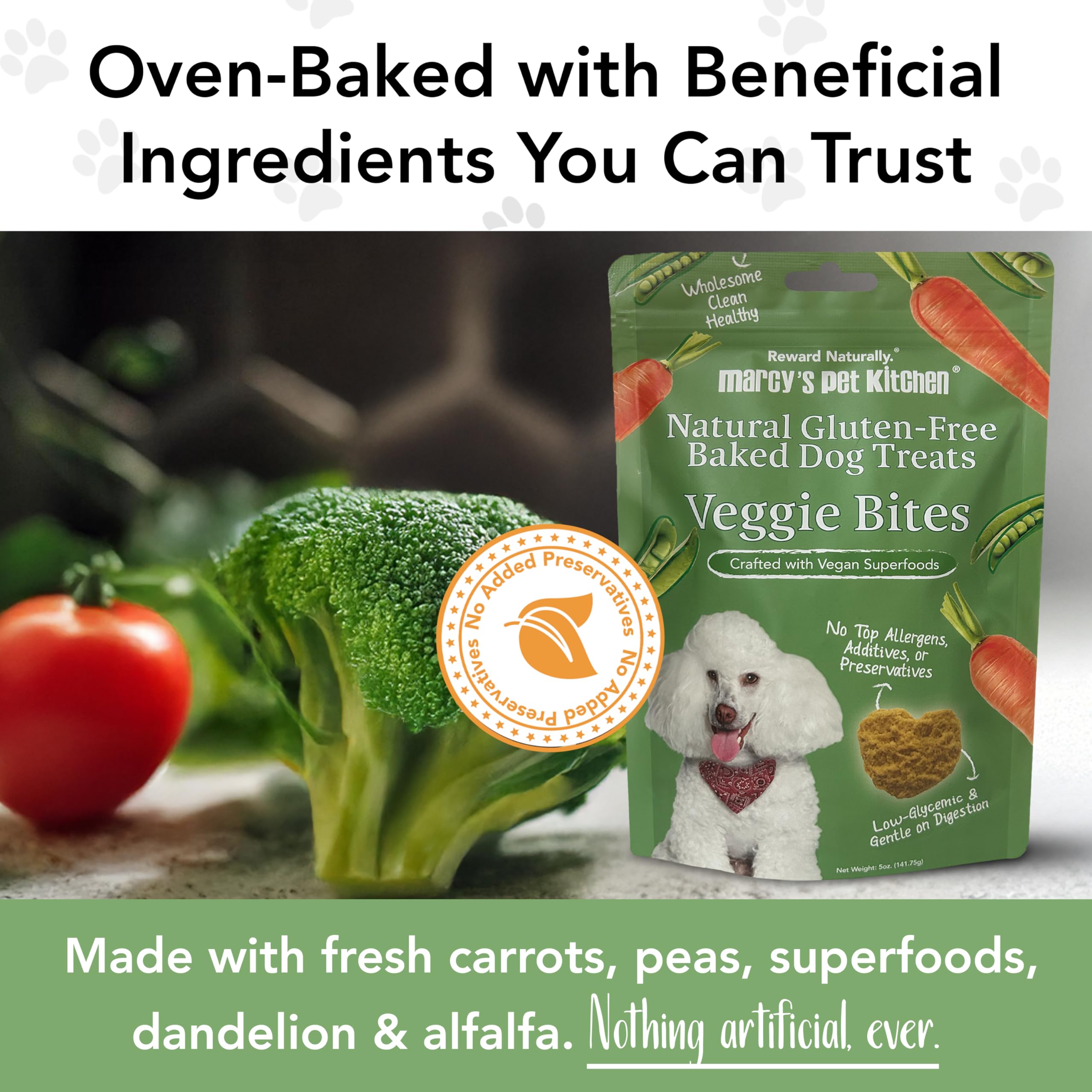 Marcy's Pet Kitchen vegan gluten-free badge emphasizes plant-based option